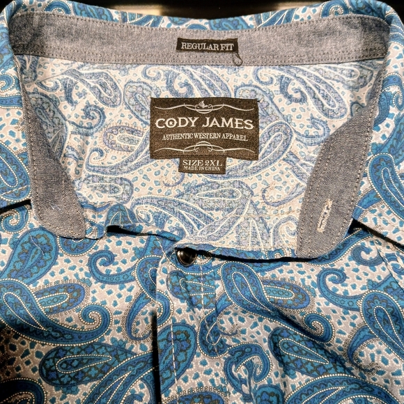 Men's XXL Blue Paisley Regular Fit Authenic Western Shirt W/Pearl Snaps - Picture 3 of 7